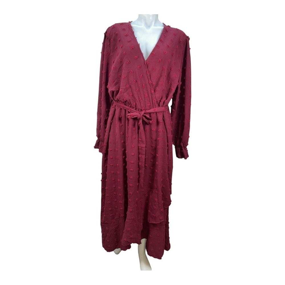 BTFBM Boho Maxi Dress XXL Burgundy Long Sleeve V-Neck Swiss Dot Ruffle Wrap New - Picture 2 of 14